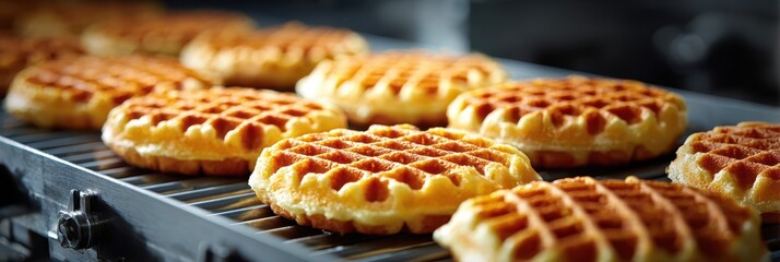 Freshly cooked waffles on a griddle in a kitchen setting during breakfast preparation