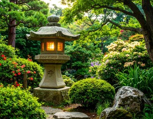 Japanese garden lantern at sunset