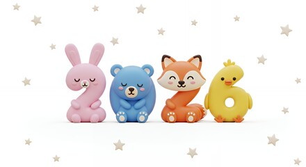 Naklejka premium Cute Colorful Animal Toys Sitting in Row with Star Decorations on White Background