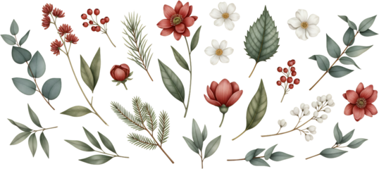 Assorted botanical elements featuring red flowers white blossoms berries and various green leaves and branches on a transparent background Floral Nature