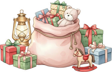 A pink sack overflows with colorful gifts a teddy bear and a rocking horse sits nearby beside wrapped presents and a vintage lantern Christmas holiday