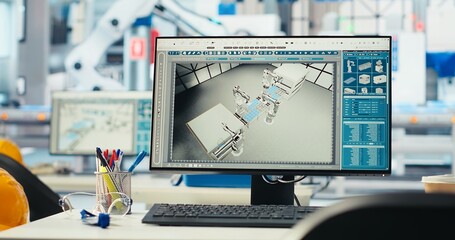 PC in photovoltaics factory used to oversee performance of robot arms placing solar panels on assembly lines. Closeup of computer display in empty facility used for upgrading solar plant machinery