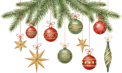 Evergreen pine branches adorned with vintage red and green glass ornaments and golden star decorations suspended by thin red ribbons on a transparent background