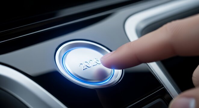Person Pressing Modern Car Button with Illuminated 2023 Text in Vehicle Interior