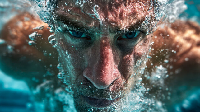 A close-up underwater shot of a male swimmer splashing in bubbles - Powered by Adobe