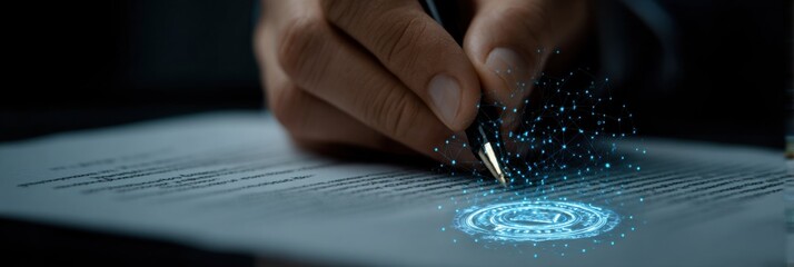 A hand is signing a formal document with a pen while digital effects create a futuristic vibe, emphasizing technologys role in traditional tasks.
