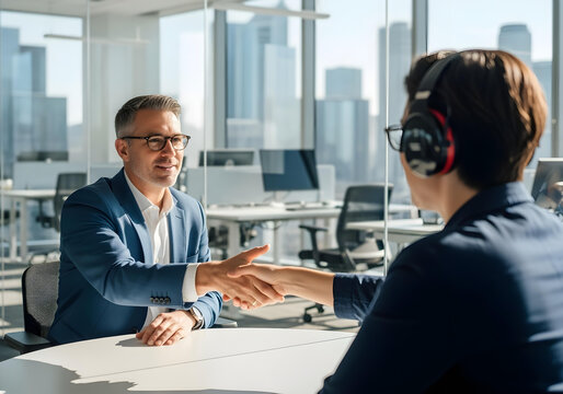 Autistic man with headphone shaking hands with interviewer in bright glass office showing neurodiversity inclusion and accessible employment
