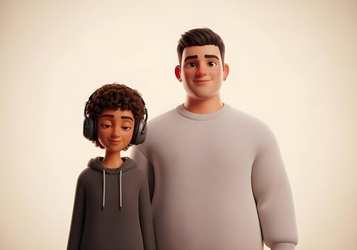 Autistic boy with noise cancelling headphones standing calmly with supportive man arm around shoulder in warm indoor 3D environment stylized for inclusion - Powered by Adobe