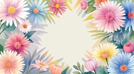 A watercolorstyle illustration of a border of colorful daisylike flowers and leaves