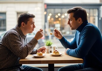 Autistic man having dessert with neurotypical friend at cafe table in warm natural light moment of inclusion and social connection in realistic candid photograph