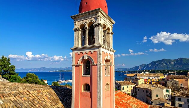 A picturesque bell tower of a church overlooking a colorful coastal town with a vibrant blue sea and lush green hills.