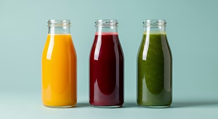 Three Glass Bottles Filled with Colorful Smoothie Juices on Light Background