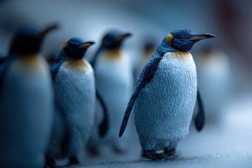 Fototapeta premium Penguins navigate their icy habitat in a colony at dusk, showcasing their distinctive black and white feathers and playful demeanor in an unspoiled natural setting