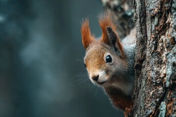 Fototapeta premium Squirrel's Peek A Curious Glance from Behind the Tree, Wildlife Portrait