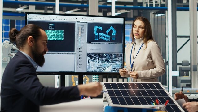 Scientists conduct experiments on PV materials to improve solar panel efficiency. Photovoltaics factory research and development department experts working on renewable energy solutions, camera B - Powered by Adobe