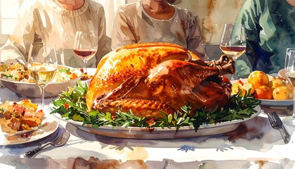 Thanksgiving Dinner Family Gathered Around Festive Table with Turkey Food and Wine