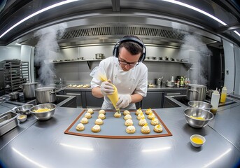 Autistic pastry chef with headphone decorating desserts in professional kitchen showing focus and sensory regulation at work