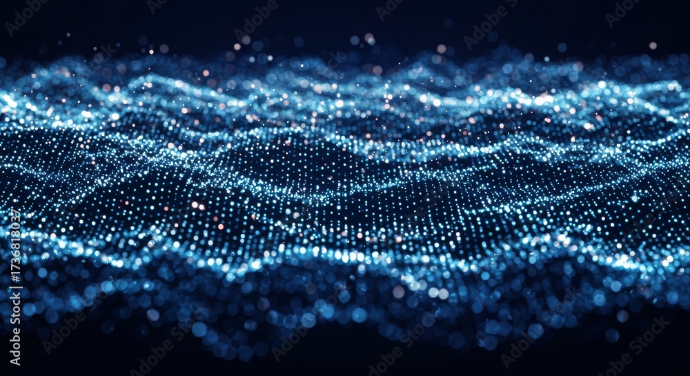 Wall mural abstract blue particle wave - dynamic flowing digital landscape with sparkling highlights.