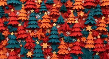 Illustration of a colorful wall of handmade paper christmas trees and stars