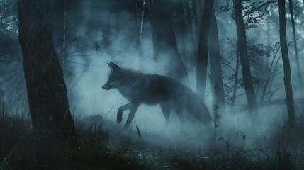 Wolf running through misty moonlit forest with dramatic fog creating mysterious wildlife scene in moody atmospheric woodland environment