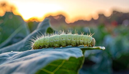 A vibrant, light-green caterpillar crawls across a dewy leaf, bathed in the warm glow of a setting sun.