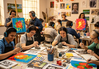 Neurodivergent adults in art therapy session wearing headphones creating together in sensory inclusive group art class with painting and sculpture