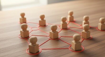 Obraz premium Wooden Figures Connected by Red Lines, Representing Network, Teamwork, and Collaboration.