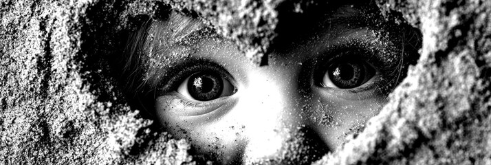 Child peering through sandy heart shape with eyes at the beach during sunny summer day