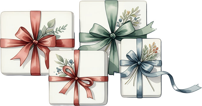 Four elegantly wrapped gift boxes adorned with bows and botanical elements presented with a watercolor aesthetic wrapping ribbon celebration holiday birthday - Powered by Adobe