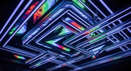 Futuristic illumination grid abstract ceiling design with vibrant spectrum accents