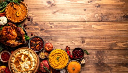 Festive Thanksgiving Feast on Rustic Wooden Tabletop Overhead View
