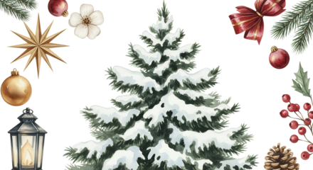 A snow covered fir tree surrounded by festive Christmas ornaments pine branches a lantern and berries on a transparent background Christmas tree holiday