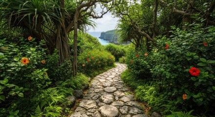 Picturesque pathway through tropical garden leading to ocean view enhancing natural beauty