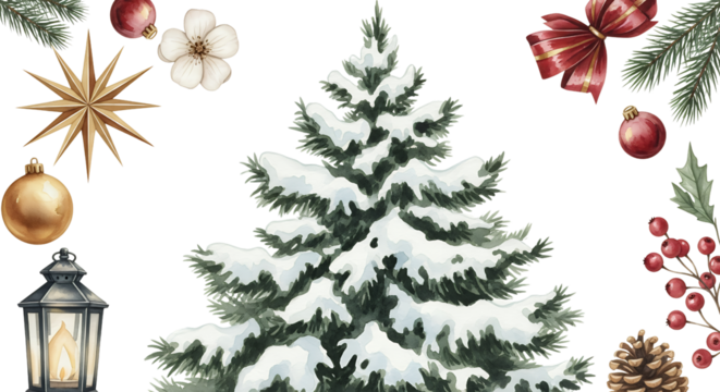 A snow covered fir tree surrounded by festive Christmas ornaments pine branches a lantern and berries on a transparent background Christmas tree holiday