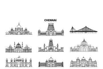 Fototapeta premium set of Chennai Skyline with India One Line Art Minimal. 