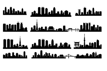 set of Tokyo Skyline Black Silhouette Japan Cityscape.