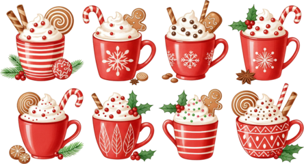 Eight festive red mugs filled with whipped cream and Christmas treats including candy canes and gingerbread cookies hot chocolate holiday winter sweet