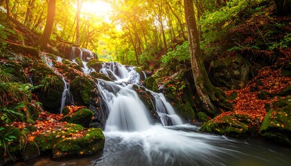A cascading waterfall descends through a lush autumn forest, bathed in golden sunlight.