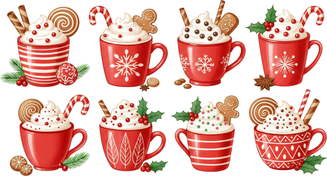 Eight festive red mugs filled with whipped cream and Christmas treats including candy canes and gingerbread cookies hot chocolate holiday winter sweet