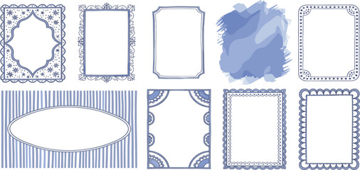 Elegant collection of diverse blue and white decorative frames and borders, featuring intricate patterns, modern stripes, and unique shapes, perfect for creative design projects