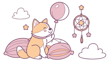 Delightful Funny Shiba inushiba inu in a Fantasy dream scene with with a balloon – Dreamland vector illustration