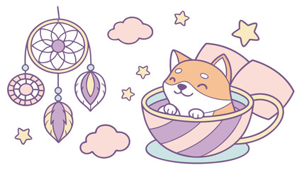 Happy expression on a Shiba inushiba inu in a Fantasy dream theme, with sitting in a teacup ride – Dreamland vector art