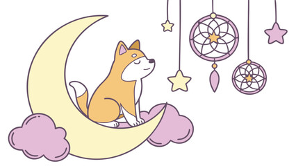 Relaxed expression on a Shiba inushiba inu in a Fantasy dream theme, with sitting on a moon – Dreamland vector art