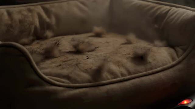Dirty pet bed with dust particles floating in the air.