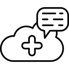 Obraz premium Cloud Messaging Icon: A clean and modern icon illustrating cloud messaging, featuring a cloud with a plus sign and a speech bubble with lines, symbolizing communication and technology.
