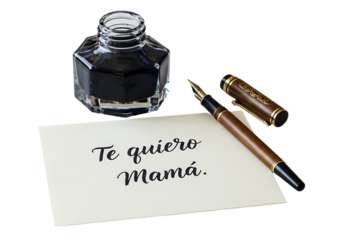 Inkwell, fountain pen, and card with the Spanish phrase "Te quiero Mamá".