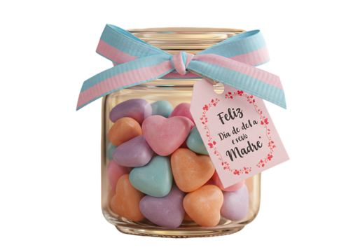 Jar of heart-shaped candies with a ribbon and a tag for Mother's Day.