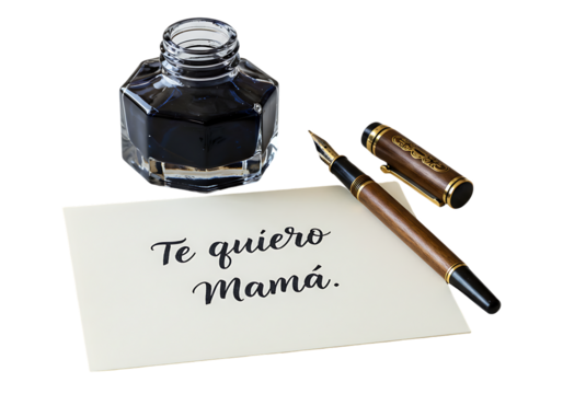 Inkwell, fountain pen, and card with the Spanish phrase "Te quiero Mamá".