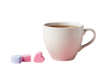 A cup of tea with heart-shaped sugar cubes on a white background.
