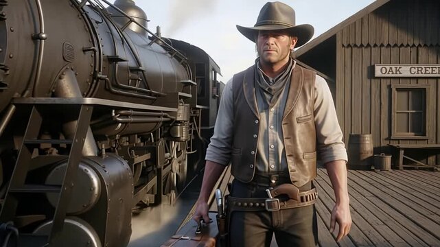 A Rustic Cowboy Standing at a Train Station within a Wild West Scene